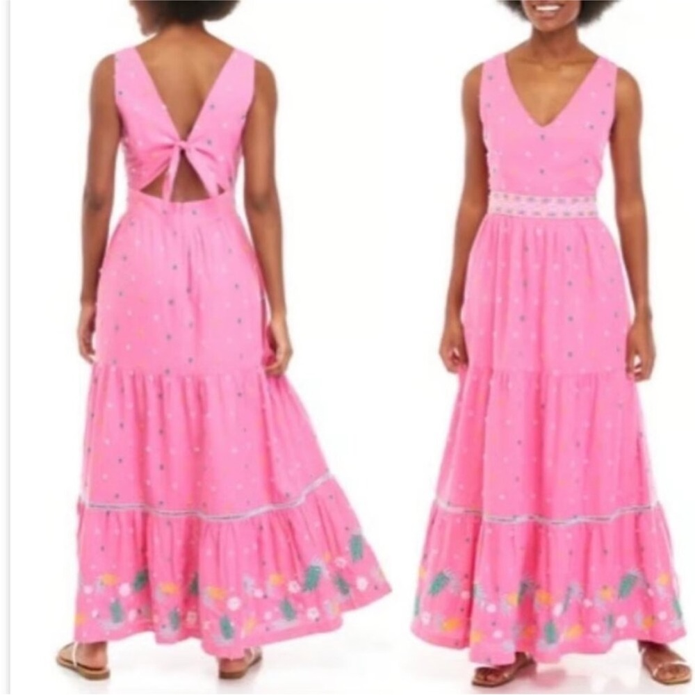 Crown & Ivy Midi Dress Size 16 Pink Embroidered Tiered Ruffle Tie Back Boho